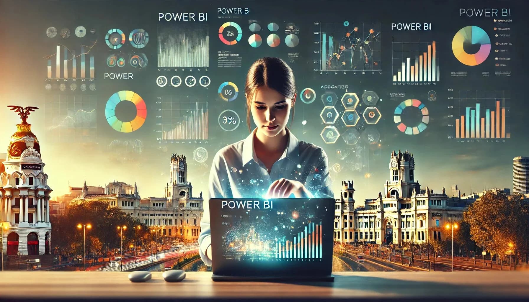 Joven profesional analizando datos en el curso de data analyst Power BI frente a un fondo urbano de Madrid, con gráficos de visualización interactiva mostrando tendencias y estadísticas.