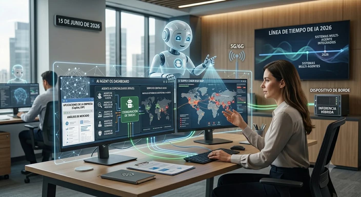 Diagrama de arquitectura de un ecosistema operativo con agentes IA en 2026 interconectados en una red empresarial.