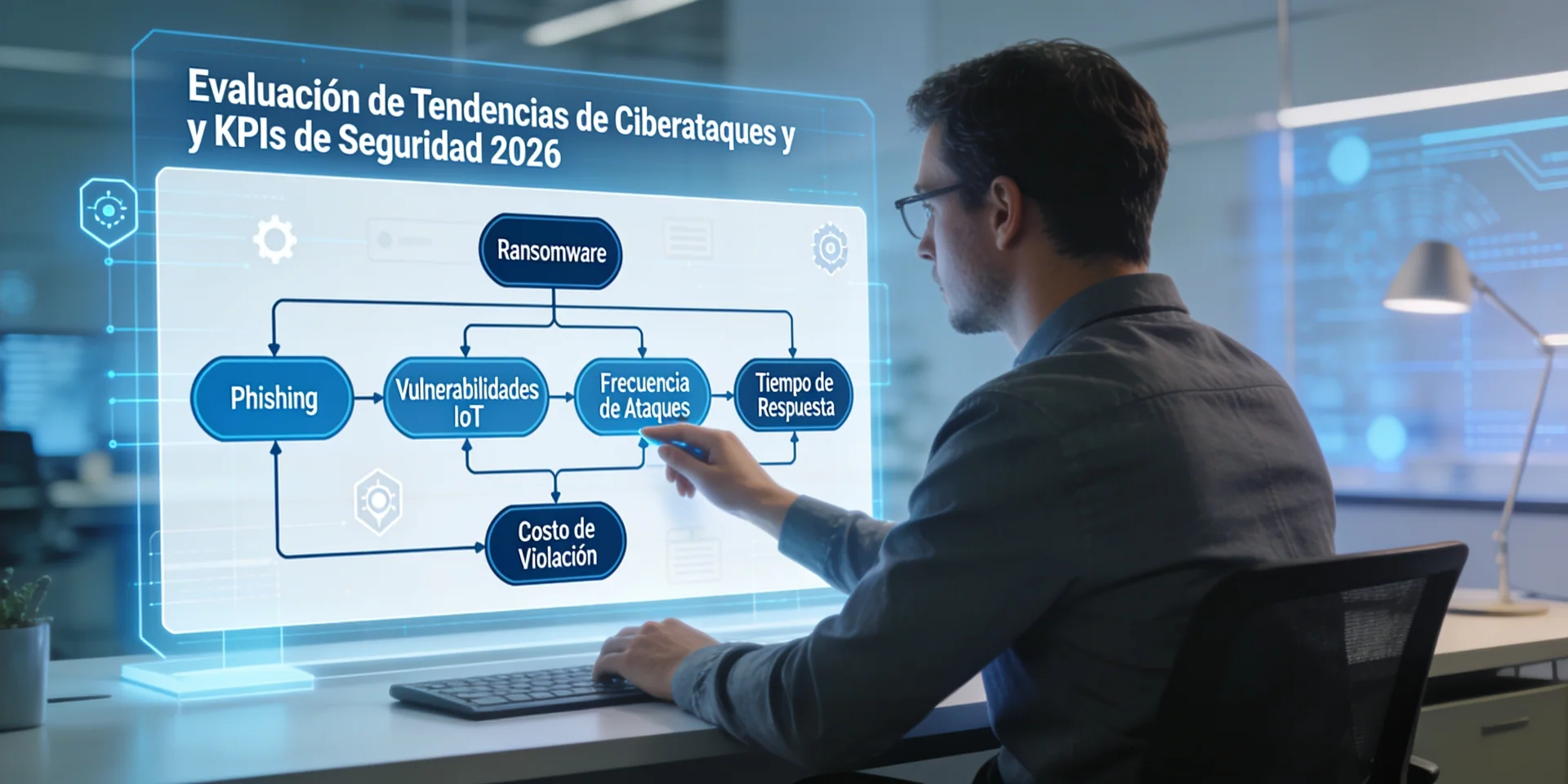 Analista técnico examinando vectores de ataque informático y métricas de ciberseguridad en 2026