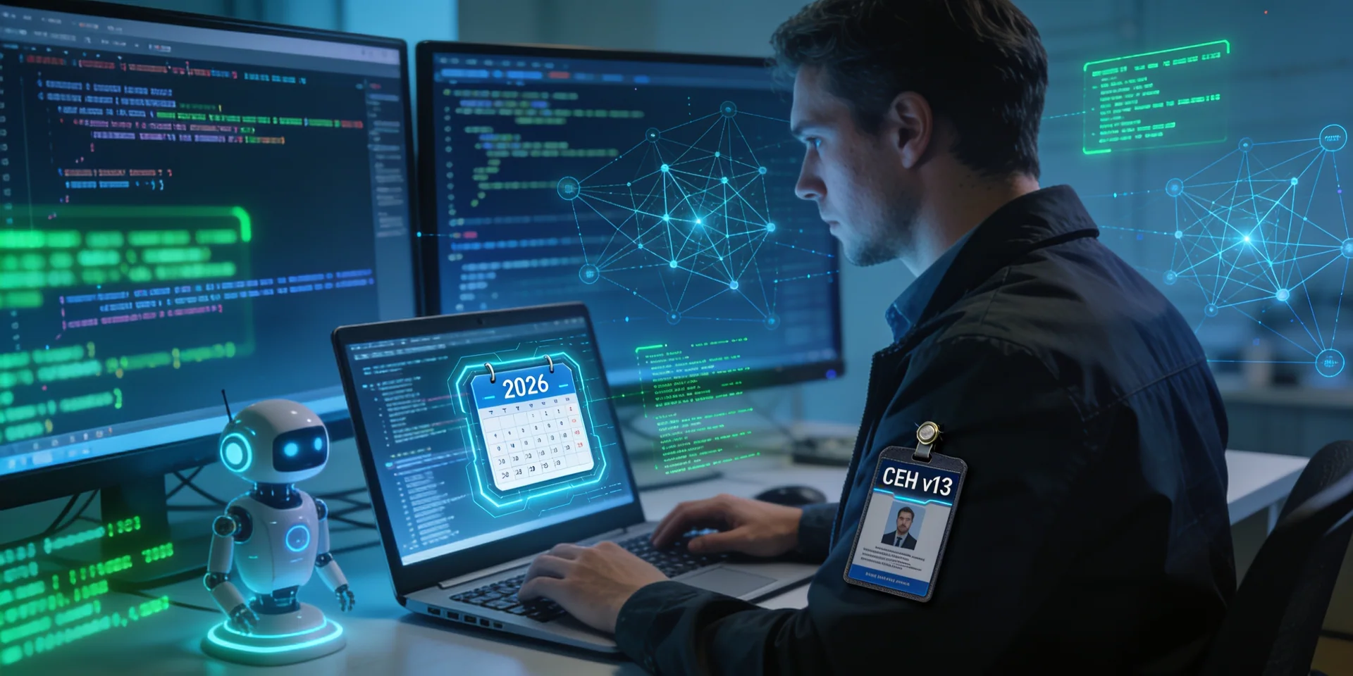 Auditor técnico analizando vulnerabilidades de código de red mediante la certificación CEH v13 asistido con IA en 2026.