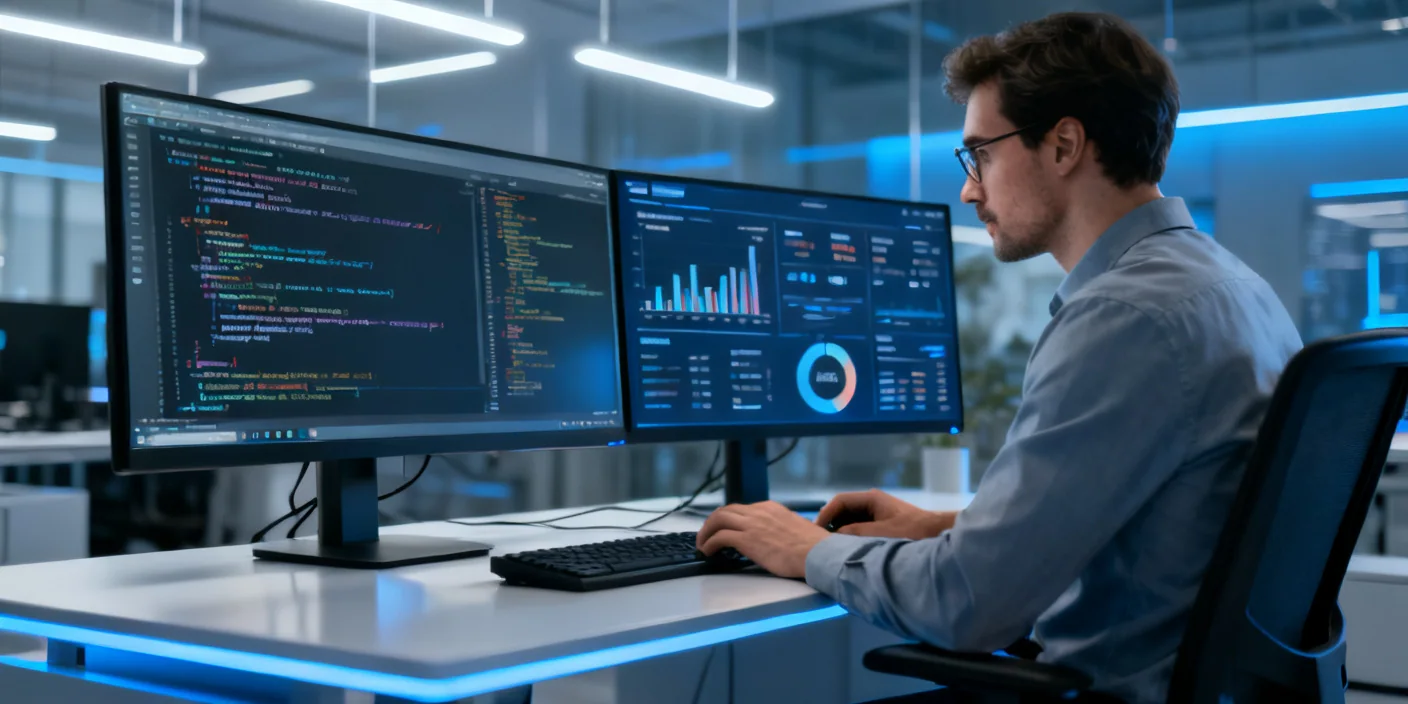 Profesional analizando código y métricas de software para entender qué es QA en un entorno empresarial tecnológico.